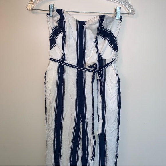 Bardot Navy and White Striped Belted Strapless Jumpsuit 4 - Picture 8 of 10